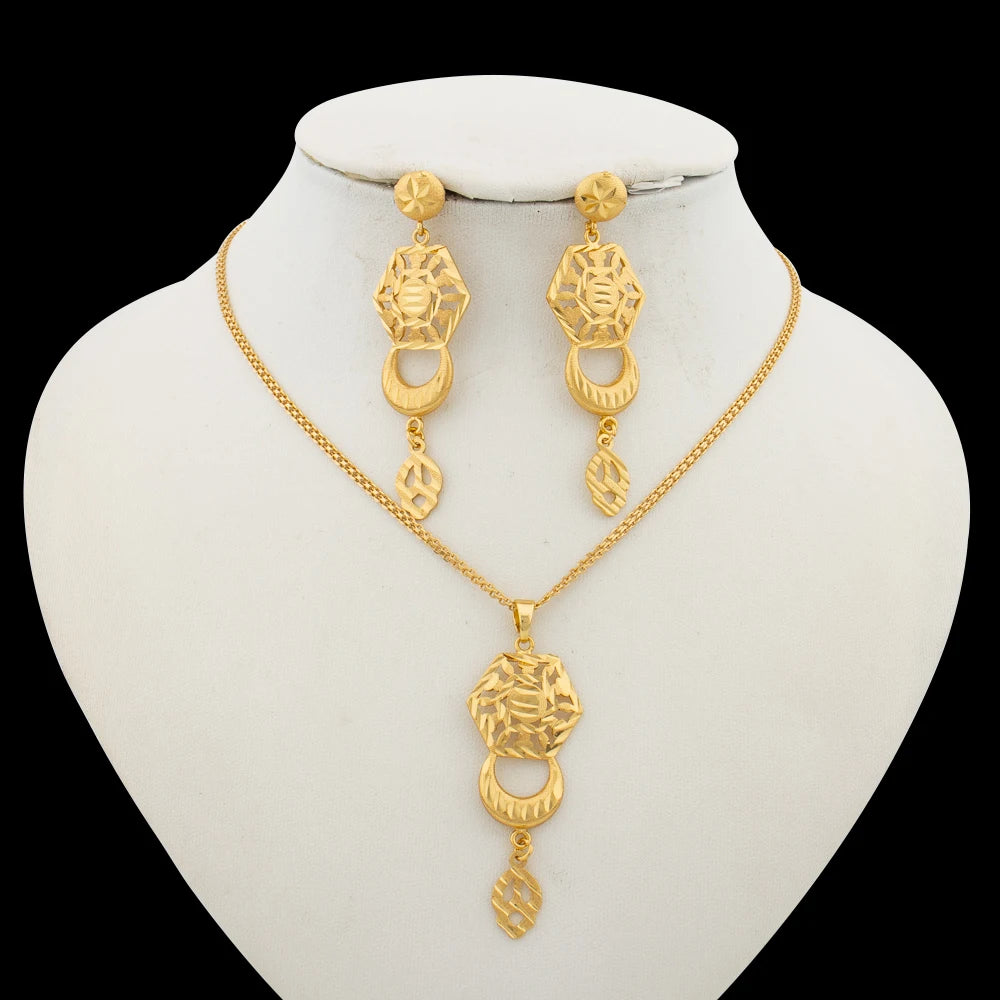 18k Gold Color Jewelry Set for Weddings African Dangle Earrings and Necklace 2Pcs Set for Engagement Party Jewelry Accessories