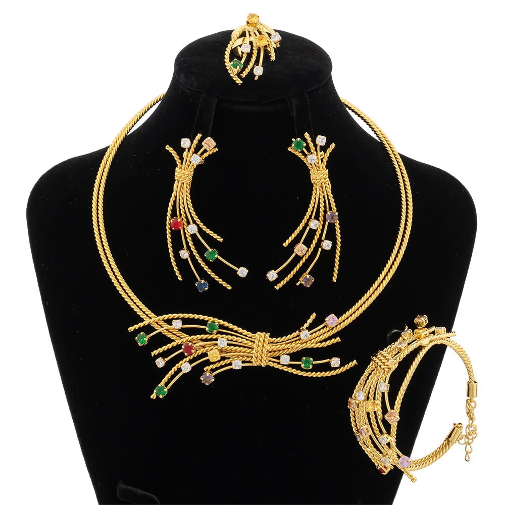 Nigerian Jewelry Set for Women Dubai Gold color Colored Zircon Pendant Wedding African Necklace Earrings Bracelet Adjustable Rin - YUEMING JEWELRY