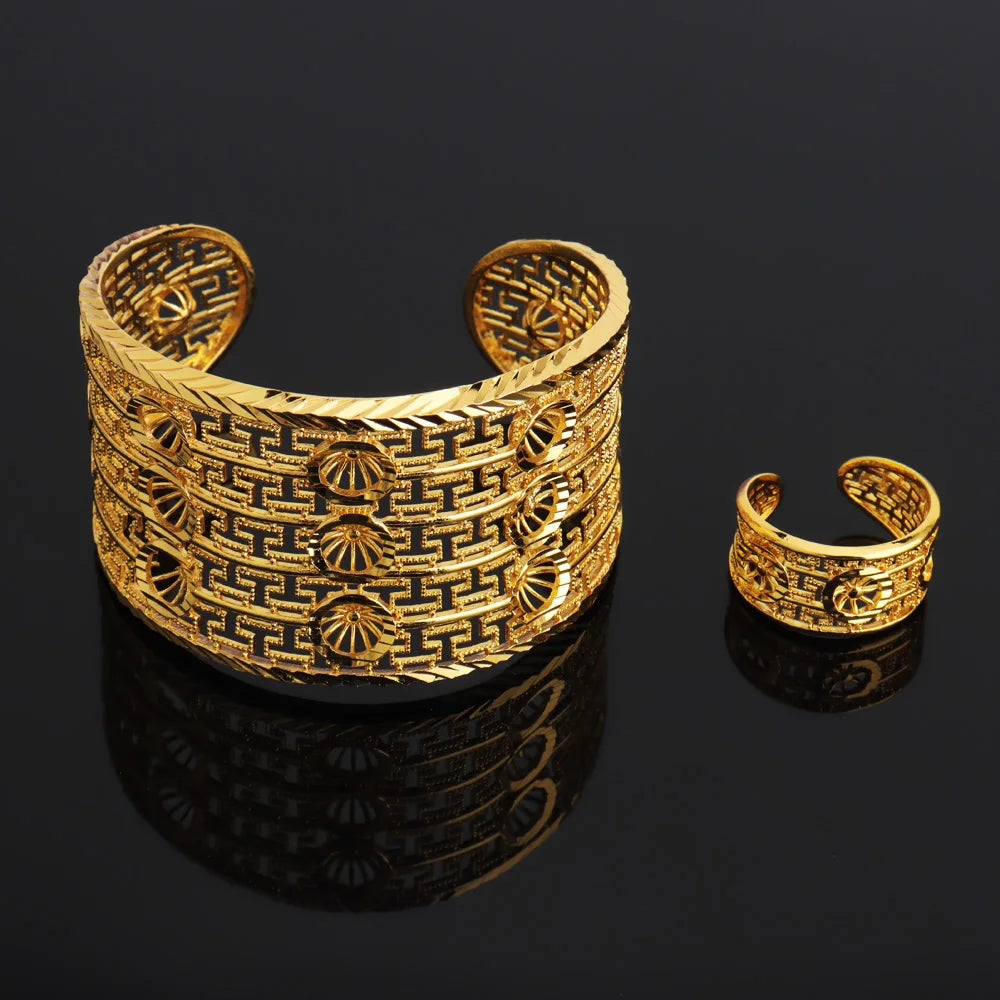 Luxury Noble Jewelry Set for Women – Hollow Carved Bangle Ring Earrings Gift for Party Wedding