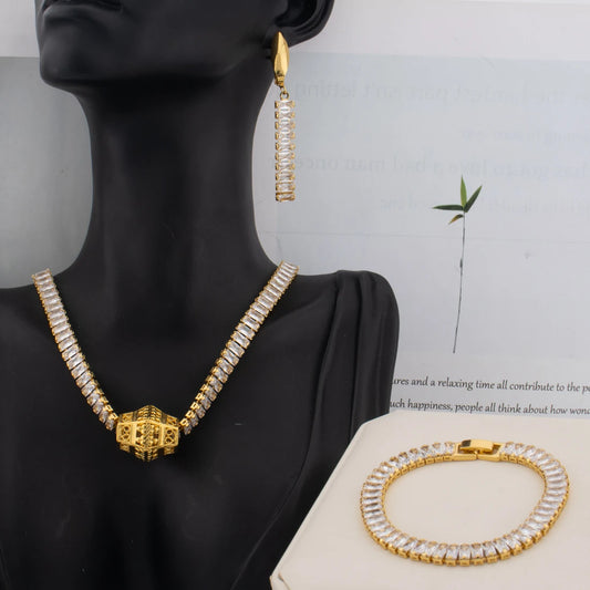 3Pcs France Sparkling Earring, Necklace & Bracelet Jewelry Set for Women, Wedding Bride Gift for Women’s Day Party