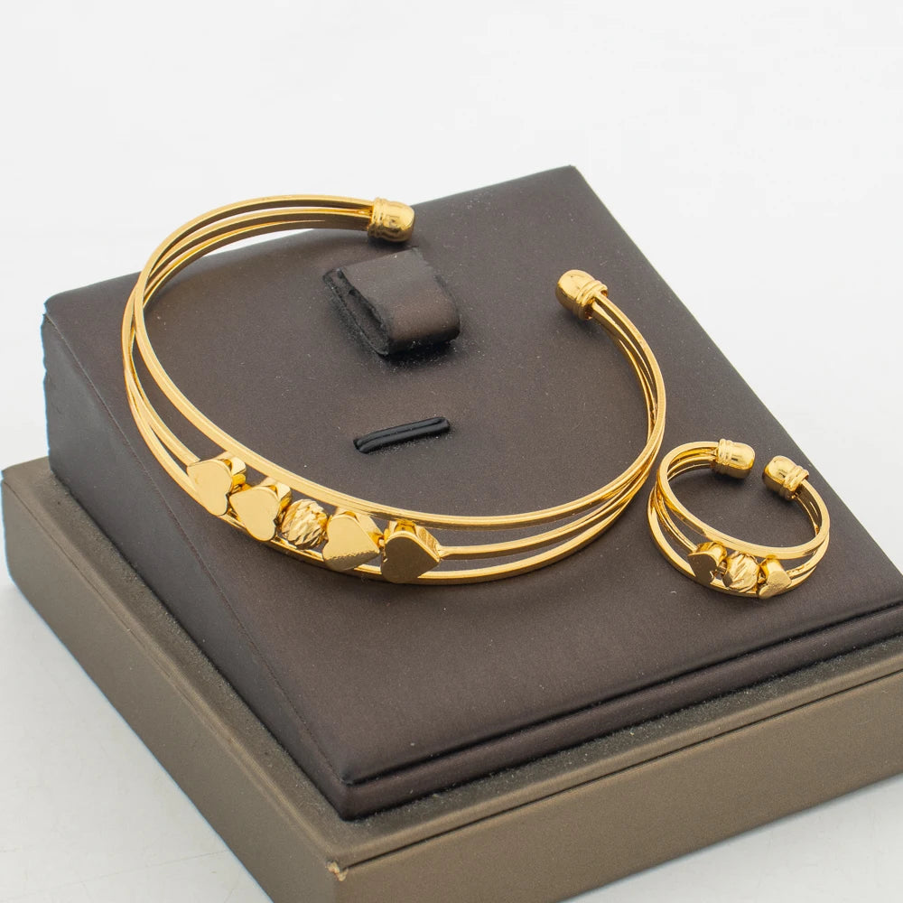 18k Gold Color Bangle Ring Set for Bride African Women Beads Design Hollow Out Bangle Ring Set for Engagement Bracelet Gifts