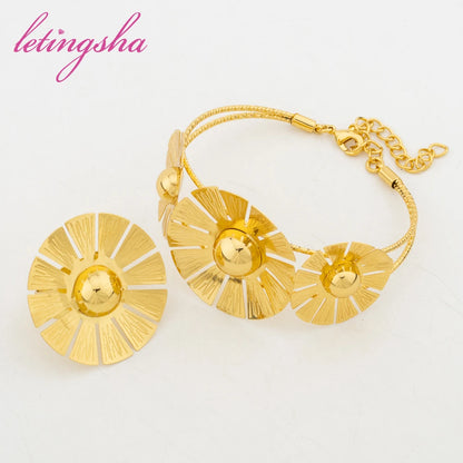 African Classic Big Flower Jewelry Set for Women Luxury Gold Color Necklace Set Dubai Jewelry Earrings Bangle Ring for Party