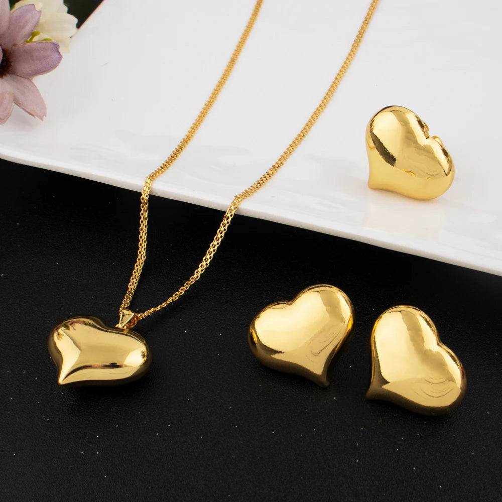 Gold-Tone Stainless Steel Minimalist Heart Jewelry Set for Women Chic Daily Wear Earrings Necklace Ring Combo Gift