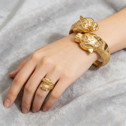 18K Gold-Plated Dubai Leopard Bracelet & Adjustable Ring, Copper Luxury Jewelry Gift for Women, Elegant Christmas Party Accessor