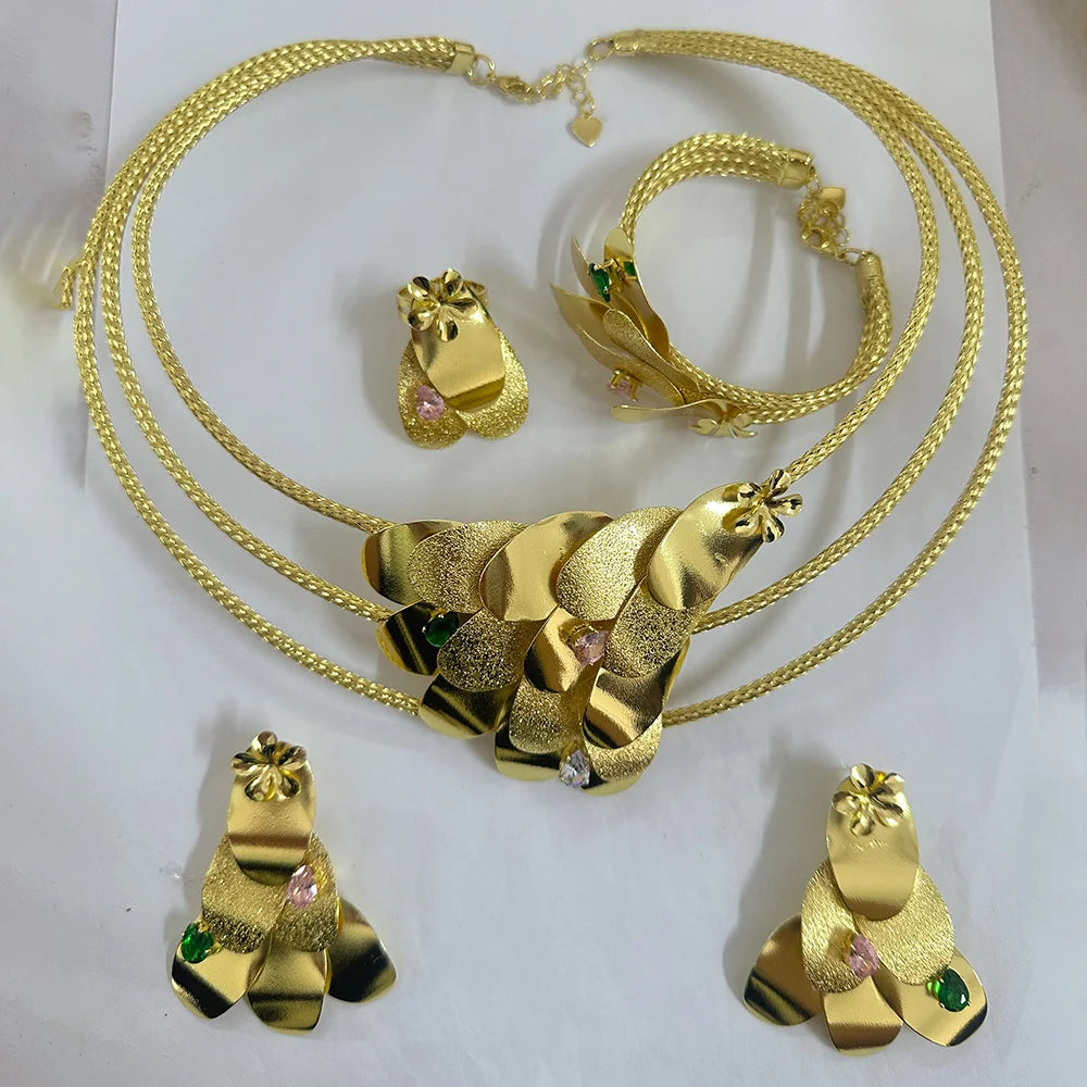 Simple elegant Irregular Flower Jewelry Set fine charming Choker Collar Brazalete Aretes Anillo 4PC Jewels Set for New Year Gift