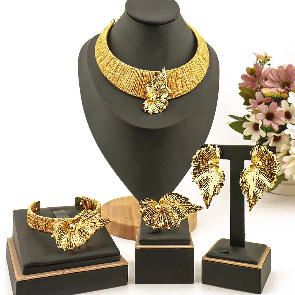 Gold Plated 4PCS Women Jewelry Set Luxury Leaf Shape Earrings Thick Collar Necklace Beautiful Bangle Ring For Wedding Party Gift