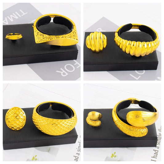 Stainless Steel Wide Bangles Ring Set for Women Luxury Gold Color Chunky Cuff Bangle Bracelet femme Vintage Wedding Jewelry Gift