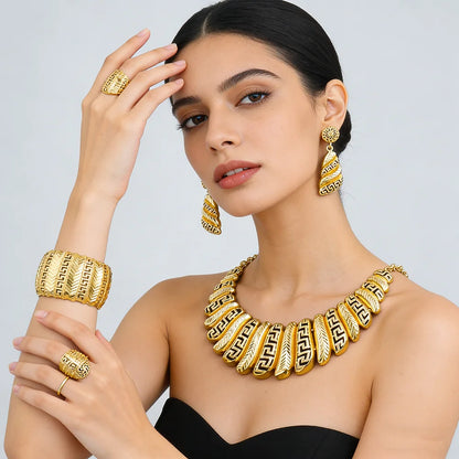 Fashion 18k Gold Plated Jewelry Set Dubai African Choker Necklace Earrings Bracelet Ring Sets Wedding Party Jewellery Gifts