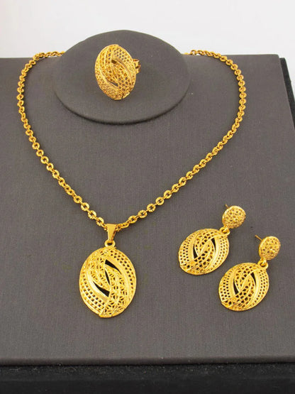 Dubai gold-tone flower jewelry set: necklace, earrings & ring for women, elegant gift for couples, Christmas party sparkle, boxe