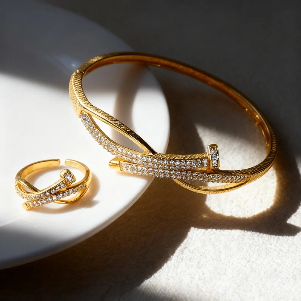 luxury jewelry accessories shine crystal design cocktail bracelet bangle ring bride weddings High Temperament  jewelry sets