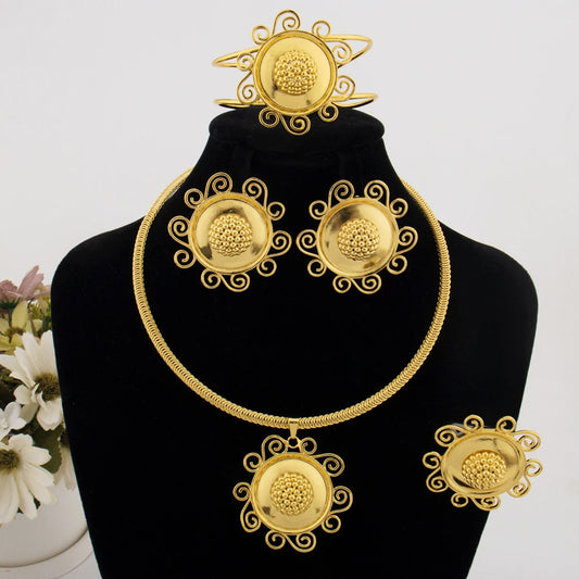 Gold Color Women Sun Flower Shape Earring Bracelet Vintage Necklace Ring Set Dubai Europe and America Jewelry Set For Party titk