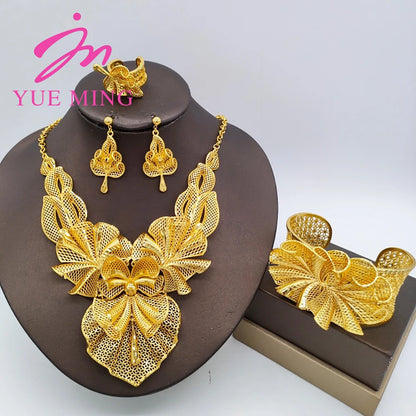 YM Gold Plated Jewelry Set for Women Copper Necklace Earrings Dubai African Party Bridal Wedding Gifts Arabic Cuff Bangles Rings