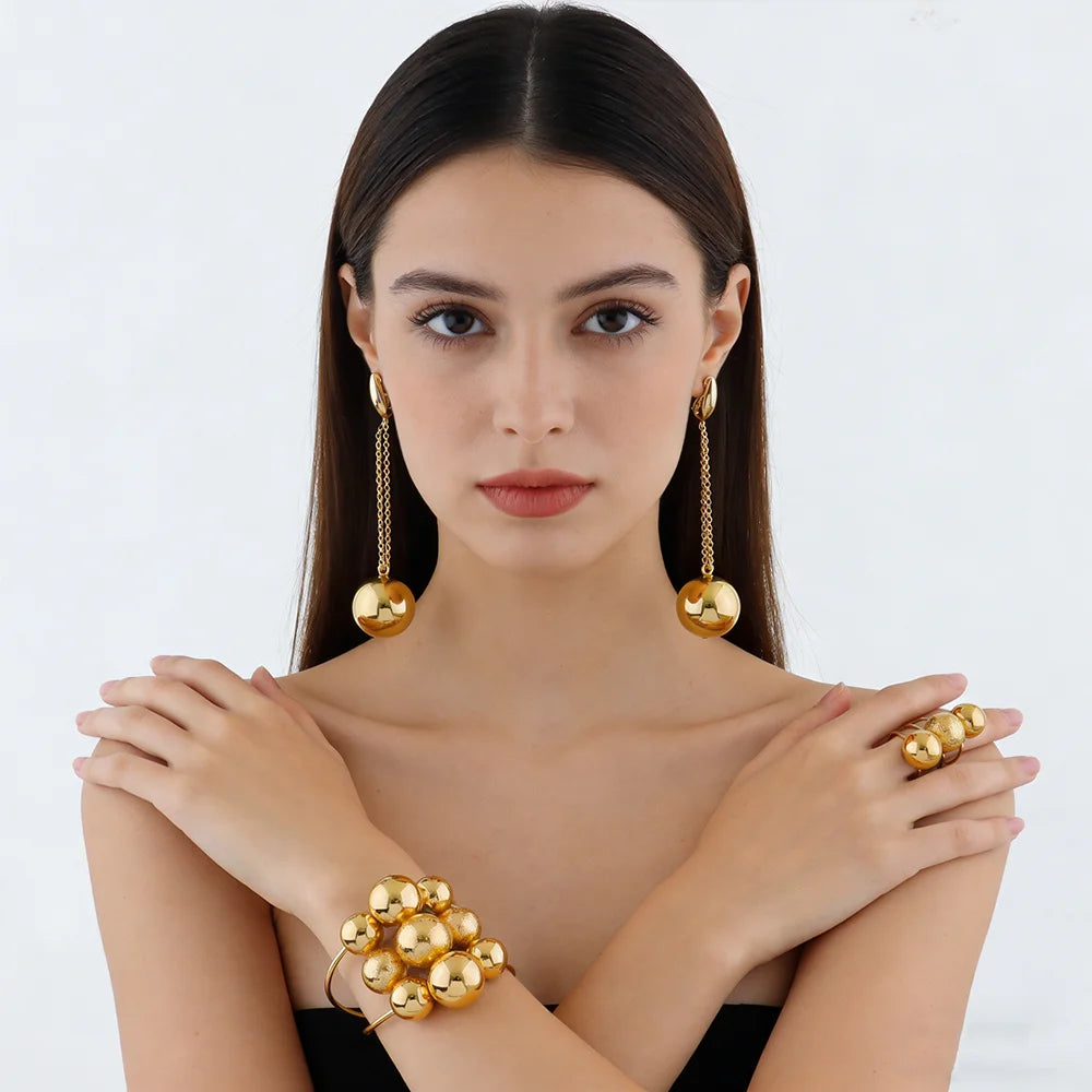 fashion gold plated jewelry accessories female simple stainless steel bead earrings bracelet rings jewelry Elegant Gifts