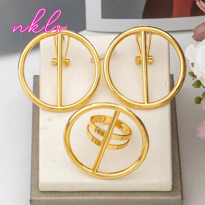 Dubai Copper Jewelry Set for Women Brazilian Gold Color Clip Earrings and Ring Set Weddings Party Accessories Jewellery Gifts