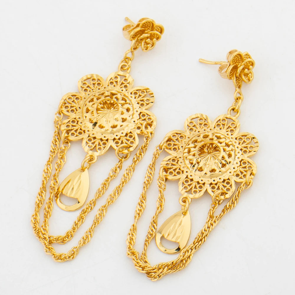 African 18k Gold Color Jewelry Set for Women Flower Design Necklace and Earrings 2Pcs Set for Weddings Party Jewelry Dubai Gift