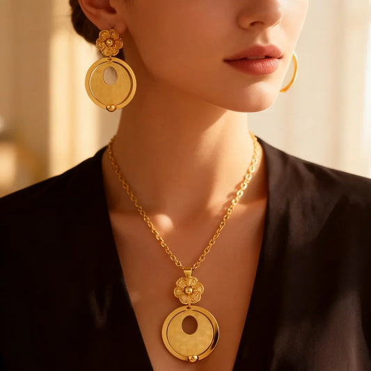 316L stainless steel gold color jewelry set Fashion Personality Simple Punk Retro Hip-hop High Temperament necklaces earrings