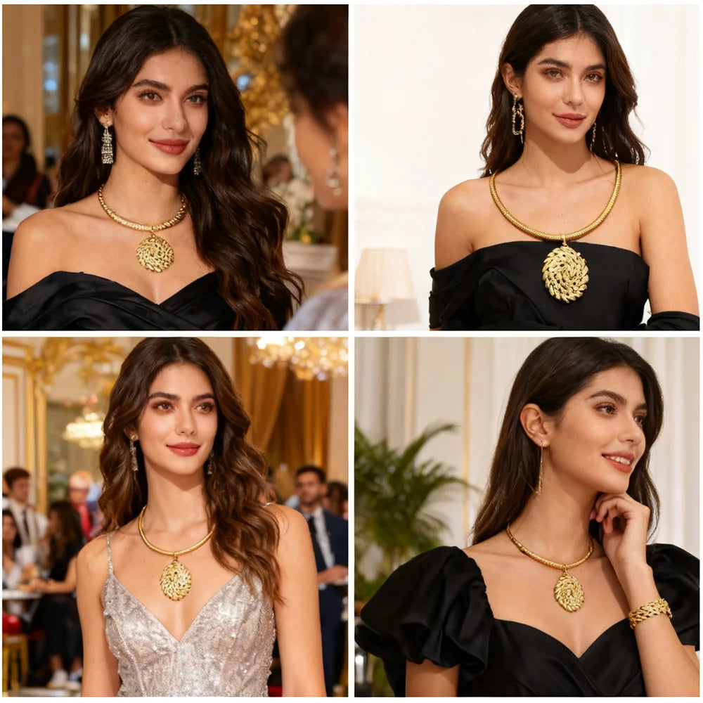 gold jewelry sets for woman ecklace Earrings Gold Plated Round Collar Nigeria Wedding Festival Gift Classic Style Bangles Ring