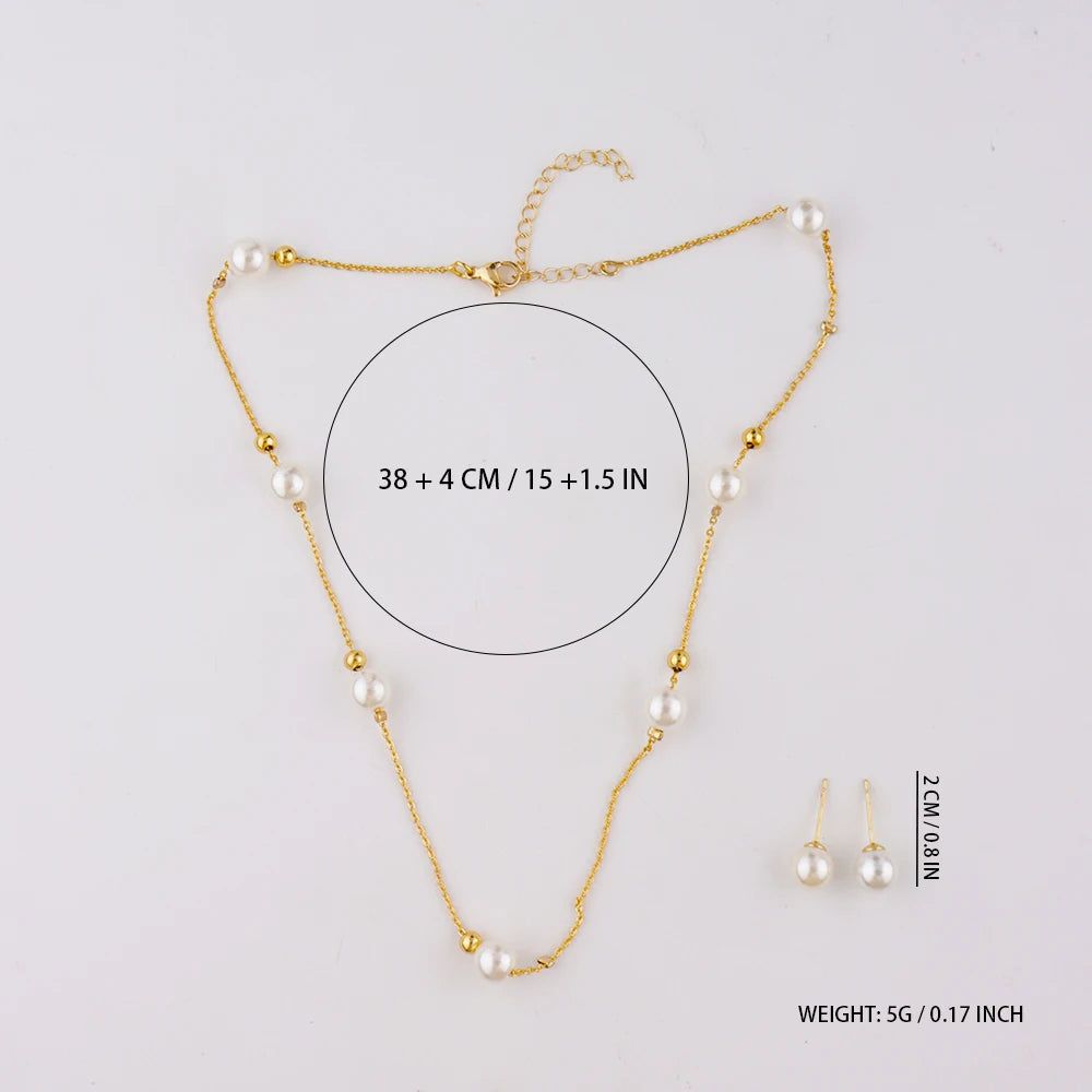 Women Simple Pearl Beads Exquisite Earrings Necklace Gold Color Thin Chain France Gentle Minimalist Daily Wedding Jewelry Set