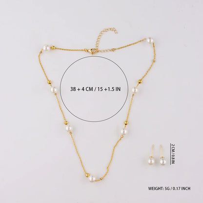 Women Simple Pearl Beads Exquisite Earrings Necklace Gold Color Thin Chain France Gentle Minimalist Daily Wedding Jewelry Set
