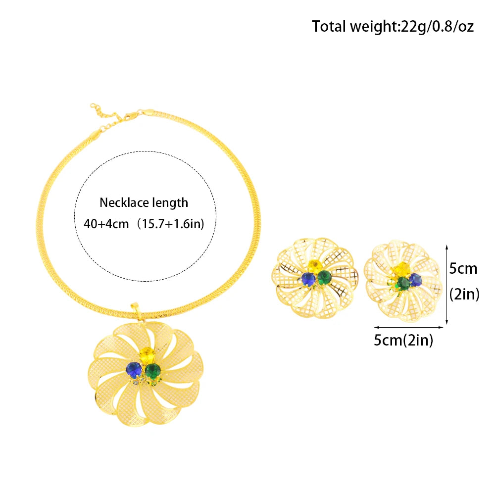 Nigerian  Color Jewelery Set Dubai Ethiopia New Trend Hollow Flower Inlaid With Zircon Earring Necklace For Graduation Gift
