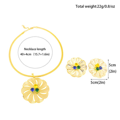 Nigerian Dubai Ethiopia Hollow Flower Zircon Earring Set & Necklace, New Trend Gift for Graduation, Elegant Jewellery W
