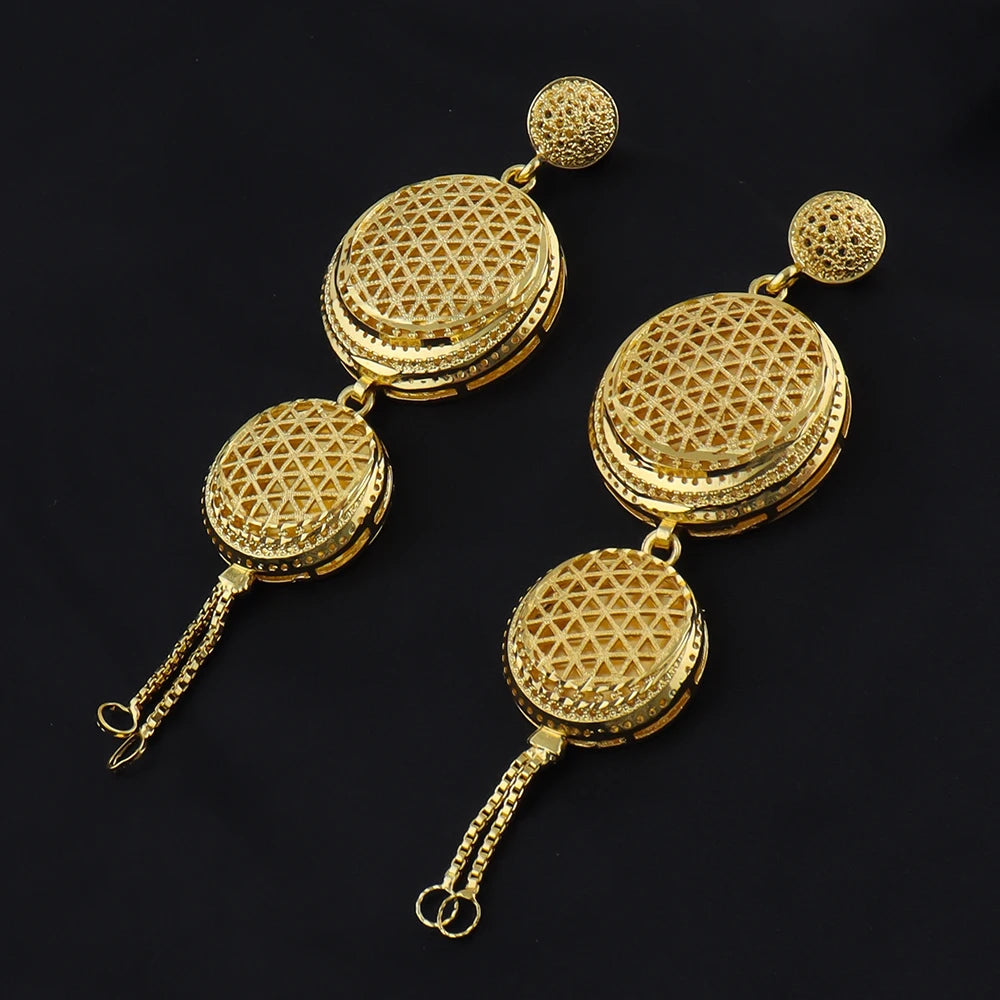 Dubai Stainless Steel Round Jewelry Set for Women Indian Bridal Costume Gold Plated Necklace Earrings Set For Wedding Party Gift