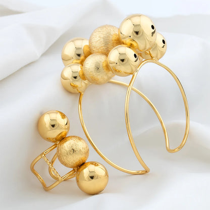 Fashion Cuff Bracelet with Rings Dubai Gold Color Round Beads Bangles 2PCS Butterfly Jewelry Sets African Bridal Wedding Gifts - YUEMING JEWELRY