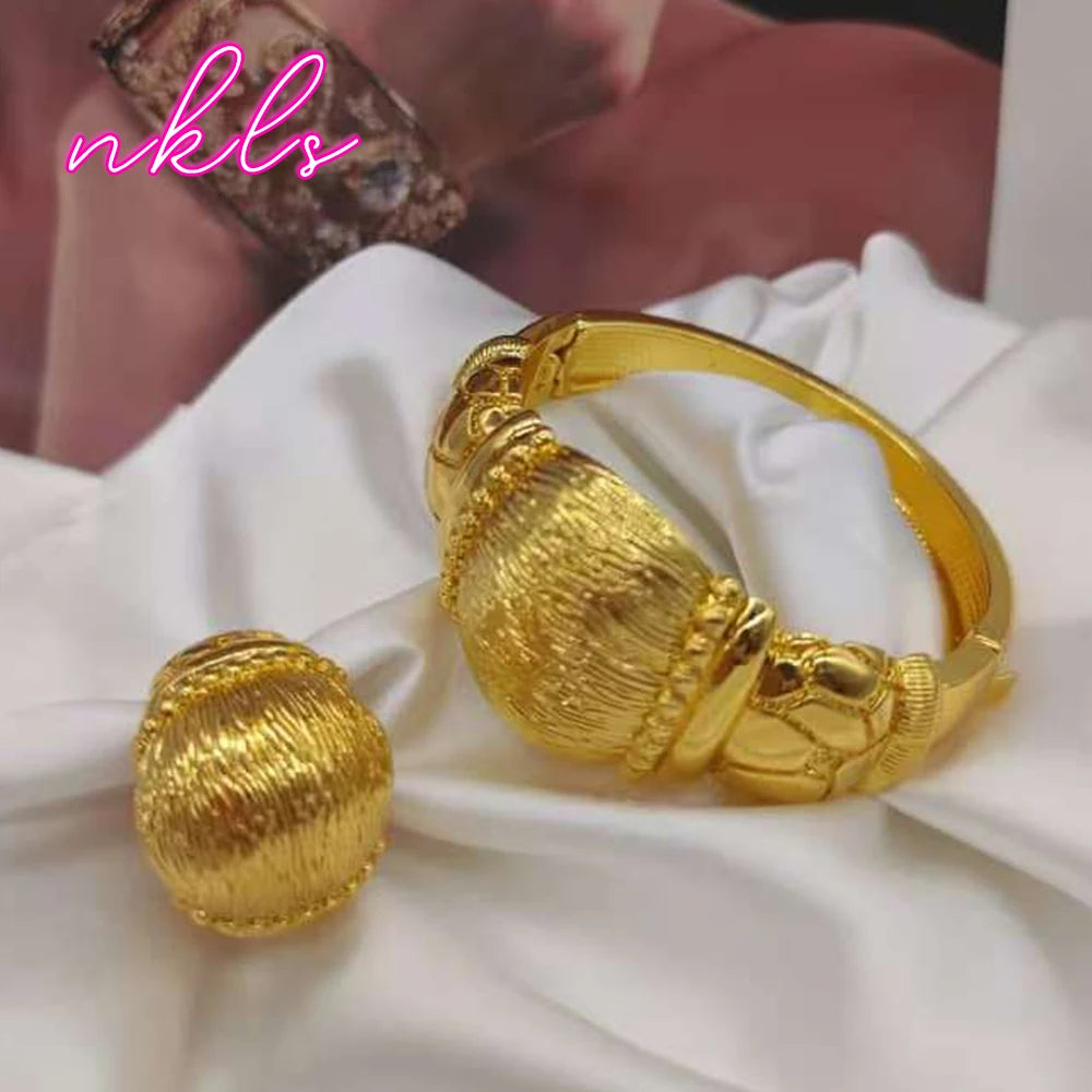 Fashion Copper Bracelet Ring Sets for Women Dubai Luxury  Plated Jewelry Set African Exquisite Bangle Bracelet Ring Sets