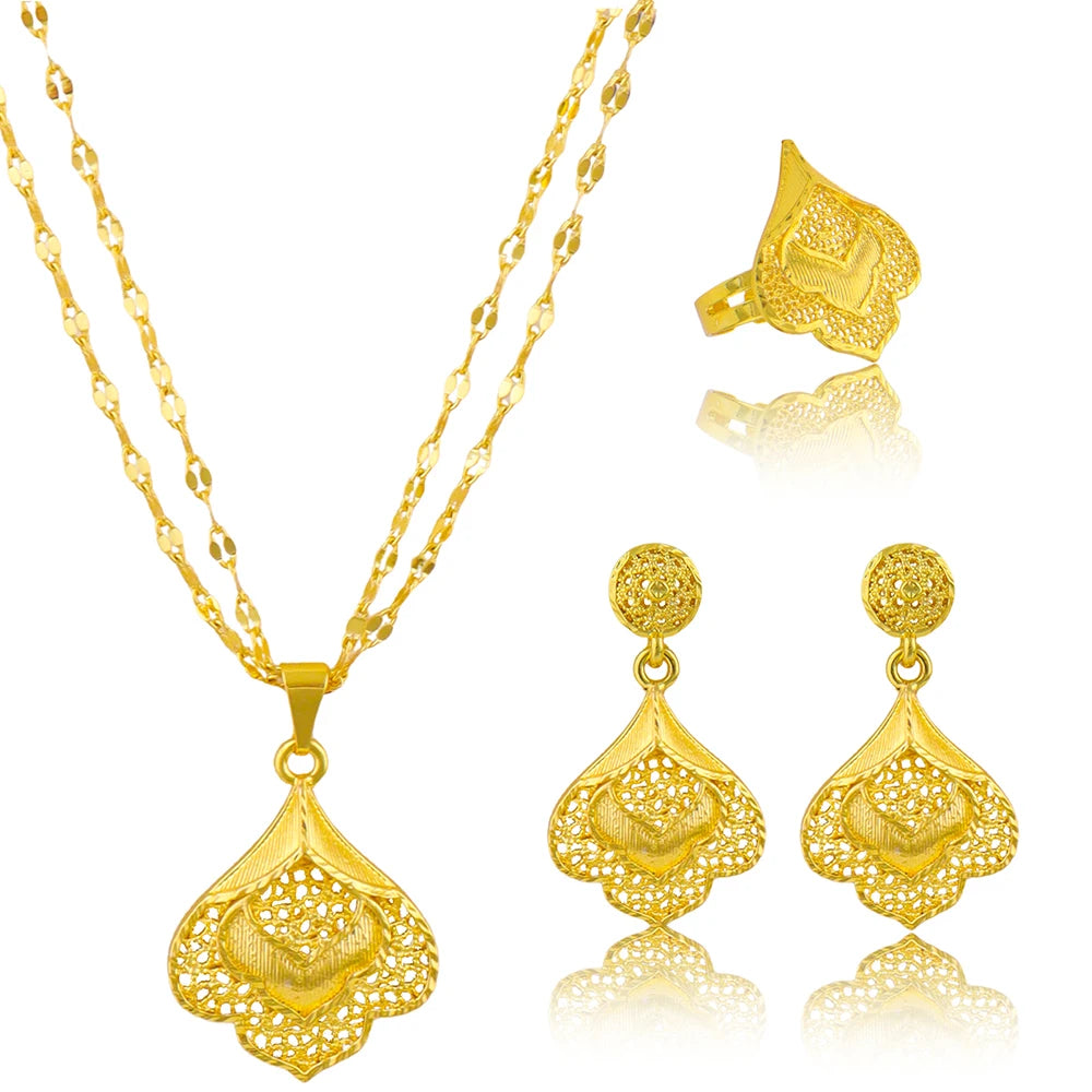Fashion Gold Color Jewelry For Women Necklace Pendant Earrings Rings Wedding Nigeria France Jewelry Set Party Gifts
