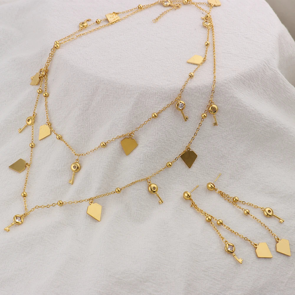 Fashion Classic Gold Plated Long Necklace Chain Earrings Set for Women Girl Dubai Shine Jewelry Gift for Party Wedding Bride