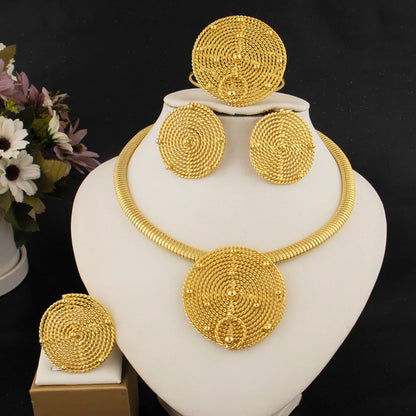NKLS Womens Gold Color Jewelry Set Bridal Dubai Brazilian Earring Necklace Weaving Circle Ring Bangle Set For Party Wedding titk