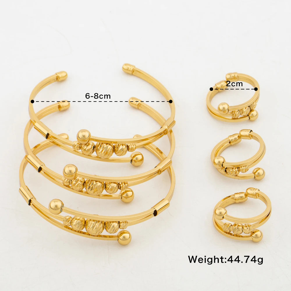 18k Gold Color Cuff Bangle with Ring Jewelry Set for Women African Copper Alloy Charm Bracelet and Finger Ring 2Pcs Set Gifts