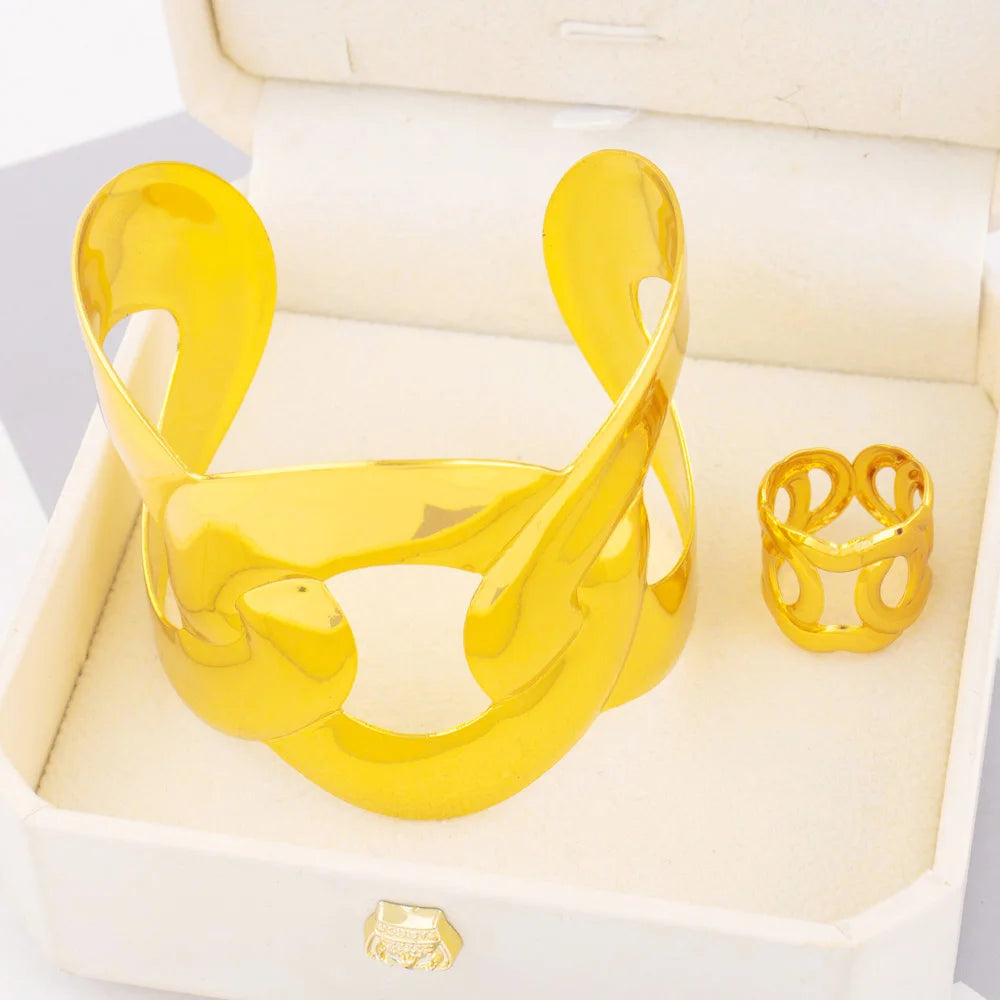 Indian Gold Color Bracelets with Ring for Women Luxury Trendy Female Dubai Circle Big Jewelry Set design Exaggerated Party Gift