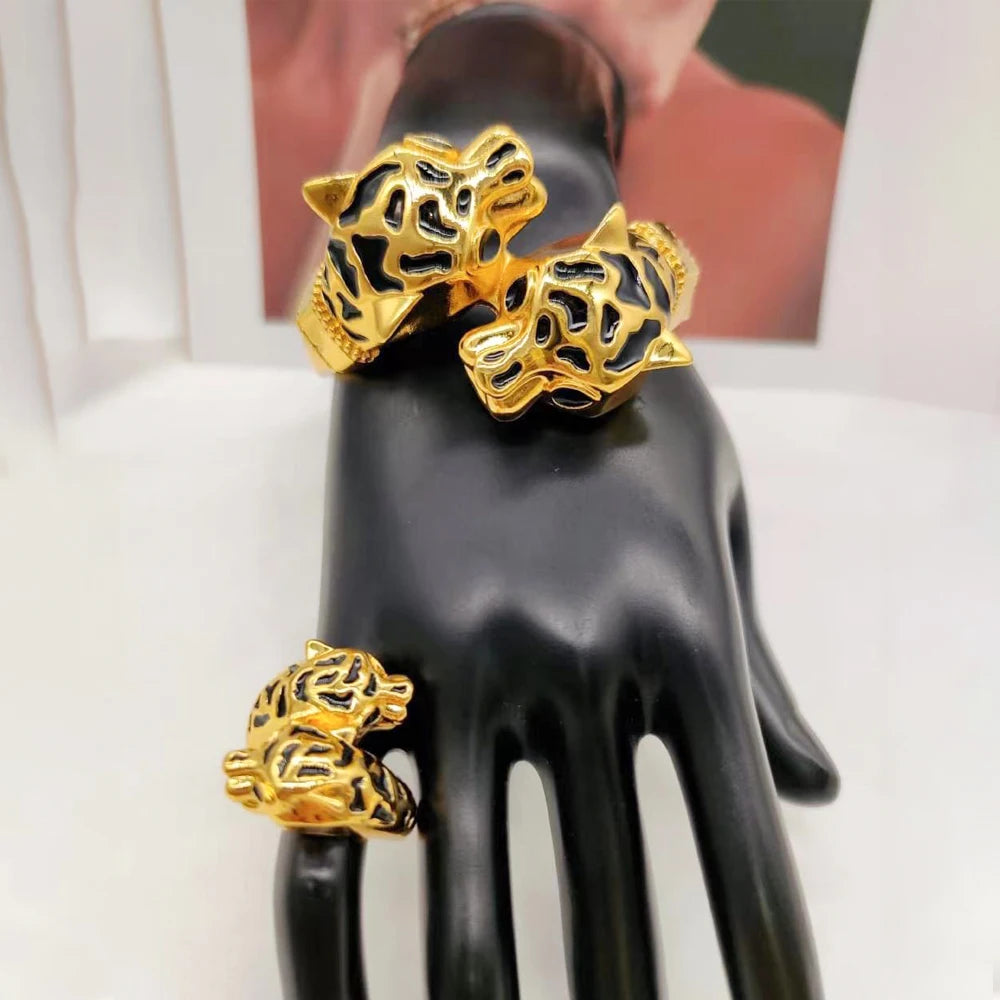 African Bangle Ring Color Jewelry for Ladies Fashion Copper Hand Bracelet with Ring Engagement Jewellery Accessories