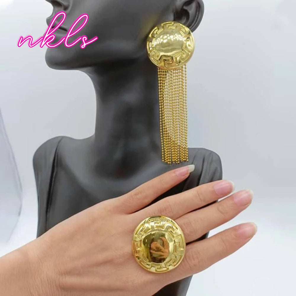 Gold Color Clip Tassel Earrings with Ring Jewelry Set for Women Brazilian Weddings Party Jewelry Set Party Accessories Gifts