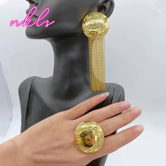 Gold Color Clip Tassel Earrings with Ring Jewelry Set for Women Brazilian Weddings Party Jewelry Set Party Accessories Gifts