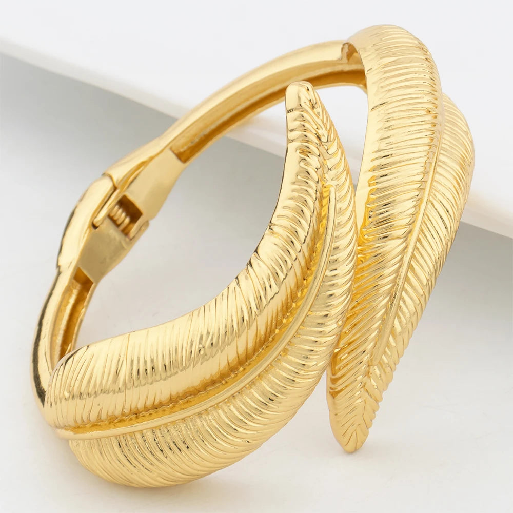 Dubai Leaf Cuff Bangle with Ring For Women 18k Gold Plated Bracelet Nigerian Wedding Jewelry Party Gift Jewelry Accessories - YUEMING JEWELRY