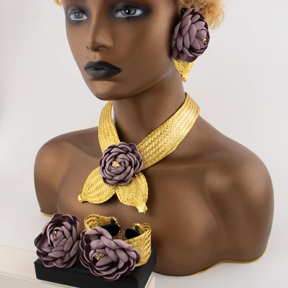 Luxury Noble Gold Plated Big Necklace Earrings Bracelet Ring for Women Purple Flower Shaped Jewelry Gift for Party Wedding