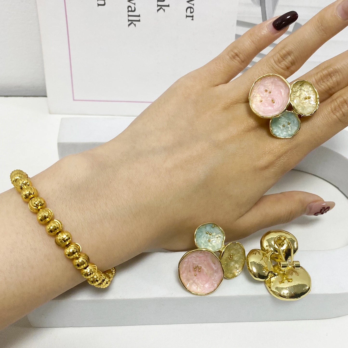 Colorful Earrings Ring Gold Color Bangle For Women Congo America Trendy Jewelry Set Advanced Shine Gift of Party Wedding Casual