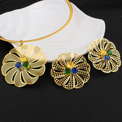 Nigerian  Color Jewelery Set Dubai Ethiopia New Trend Hollow Flower Inlaid With Zircon Earring Necklace For Graduation Gift