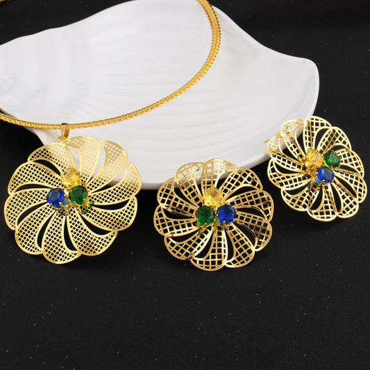 Nigerian Dubai Ethiopia Hollow Flower Zircon Earring Set & Necklace, New Trend Gift for Graduation, Elegant Jewellery W