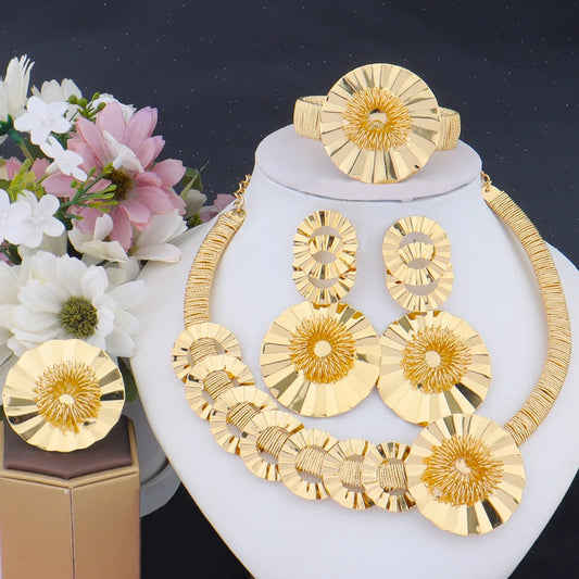 Dubai Gold Plated Big Flower Necklace Earrings Bracelet Ring Jewelry Set for Women Noble Shine Desgin Gift for Party Wedding