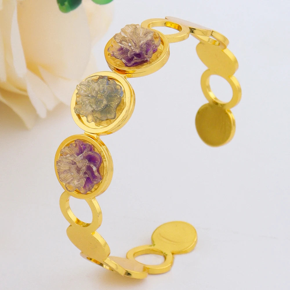 New Stylish Round Cuff Bangle Gold Plated Cubic Zirconia Floral design Charm Bracelet Party Women Men Gifts Jewelry