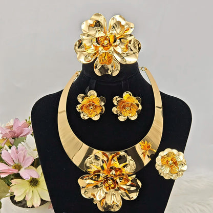 gold jewelry sets Flower Shape Women Luxury Gold Color Bangle Ring necklace and earrings set For Wedding Accessories Party