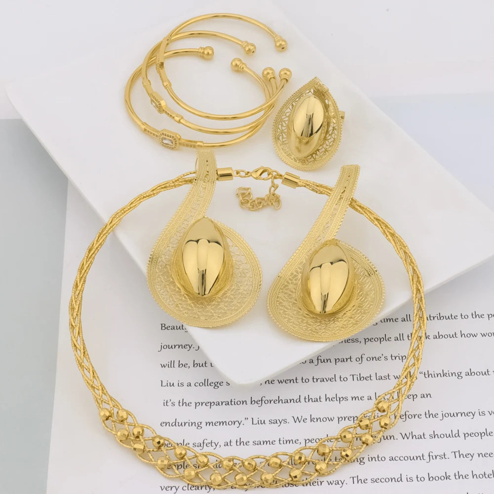 24K Gold-Plated Hollow Earrings Necklace Ring Bangle Jewelry Sets for Women, Unique Party Valentine Gift, Chic Jewellery Woman