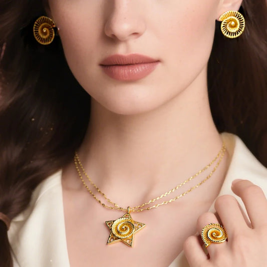 Ethiopian  Wedding Jewelry Set, Gold-Tone Necklace Earrings Ring Gift for Bride, Traditional Women Party Accessories