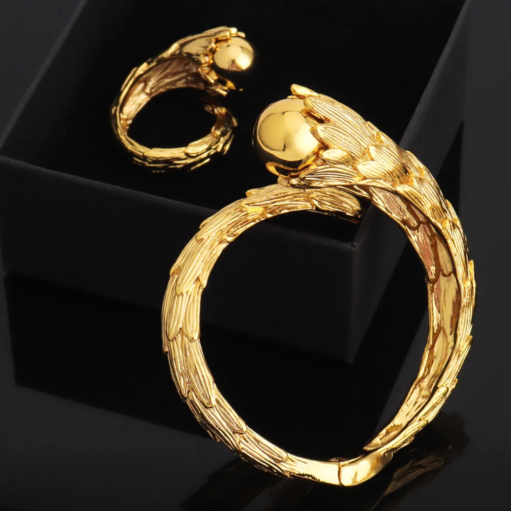 Cuff Bangle With Ring Luxury Gold Plated Bracelet Jewelry Nigerian Wedding Party Gift Dubai Hollow Out Design Bracelet