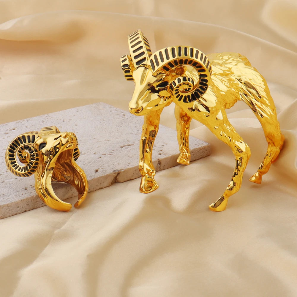 Punk Retro Sheep Head Bangles ring for women  jewelry set 24k gold bangles Gothic Creative Fashion Rings Accessories Party Gifts
