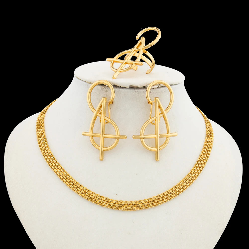 New Design Jewelry Set for African Large Hollow Out Earrings with Choker Necklace Finger Ring Set for Weddings Anniversary Gift