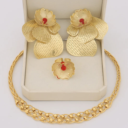 Original Dubai Flower Shape Women Copper Jewelry Sets Charming  Earrings Ring Necklace Sets Gift For African Party Valentine